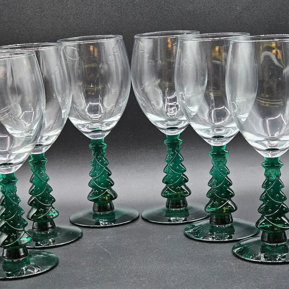 Holiday Libbey Christmas Tree Stemmed Wine Glasses Set 6